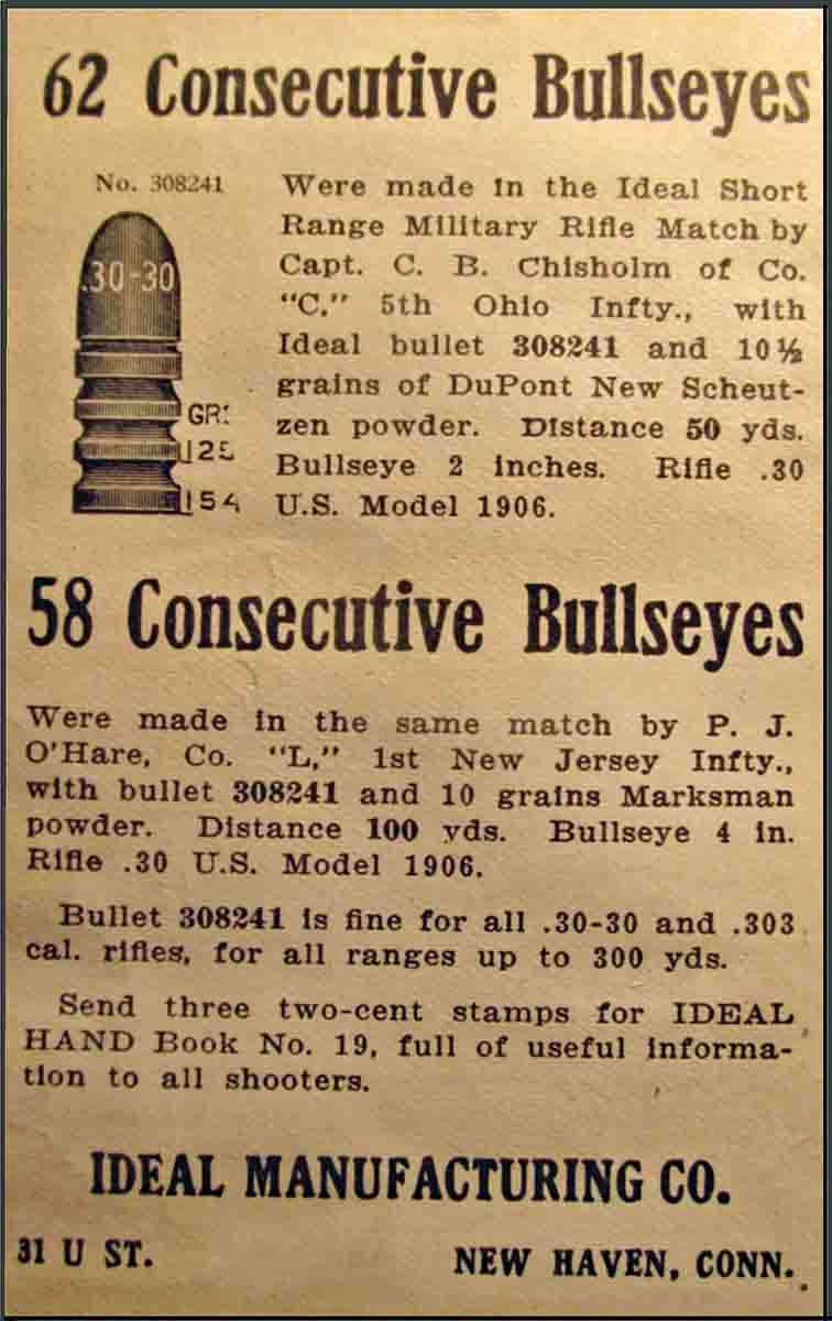 Ideal alerts the public to the results of the final Ideal cast bullet match of 1908.